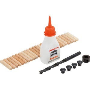 Set tasselli LUX 6 mm: Tasselli in legno, punta per legno, marcatori per tasselli, anello di bloccaggio in metallo e colla Ponal.