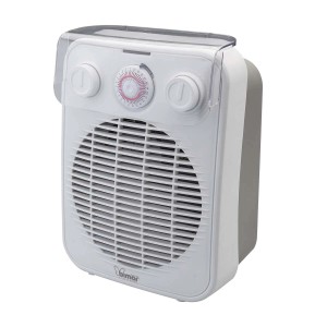 Termoventilatore elettrico t.b.t. bianco portatile con timer e manopole.