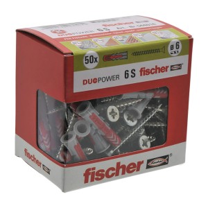 Scatola di tasselli Fischer DuoPower 6S e viti, adatti a vari materiali.