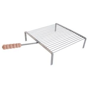 Griglia per barbecue con manico in legno.