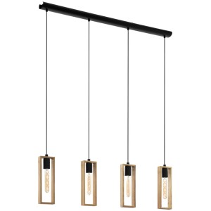 Lampada a sospensione a 4 luci Eglo Littleton in nero-marrone con cornici in legno.