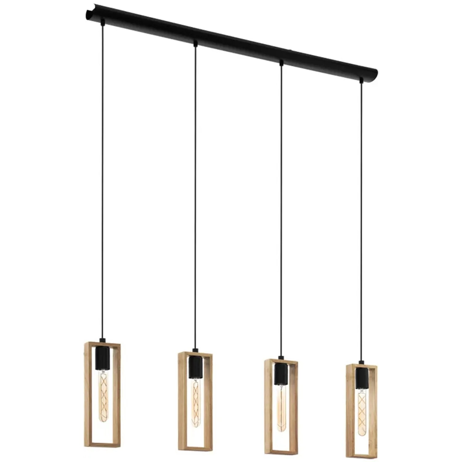 Lampada a sospensione a 4 luci Eglo Littleton in nero-marrone con cornici in legno.