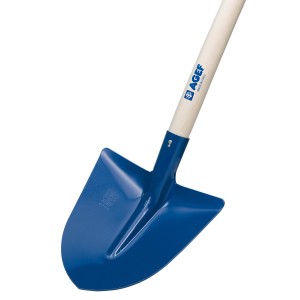 Vanga blu con manico in legno per giardinaggio.