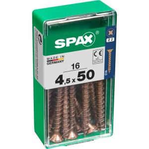 Viti per legno SPAX 4,5x50 mm in contenitore di plastica verde.