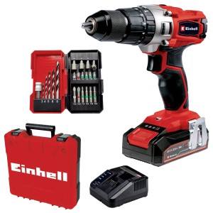 Einhell Power X-Change Trapano avvitatore a percussione TE-CD 18/2 Li-I Set con batteria, caricabatterie, valigetta e set di punte.