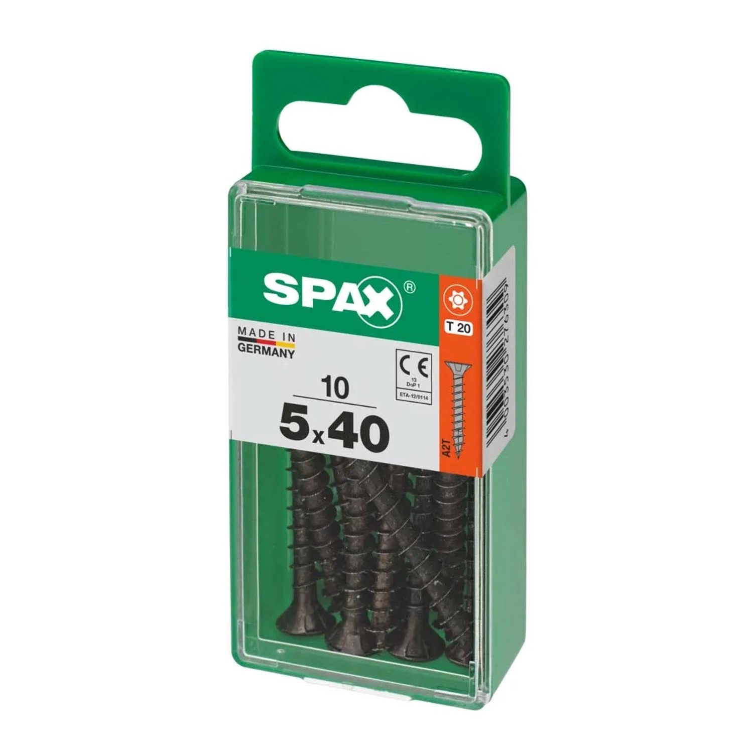 Viti universali SPAX 5x40 mm, 10 pezzi in contenitore di plastica verde.
