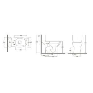 Disegno tecnico WC monoblocco con misure per l'installazione.