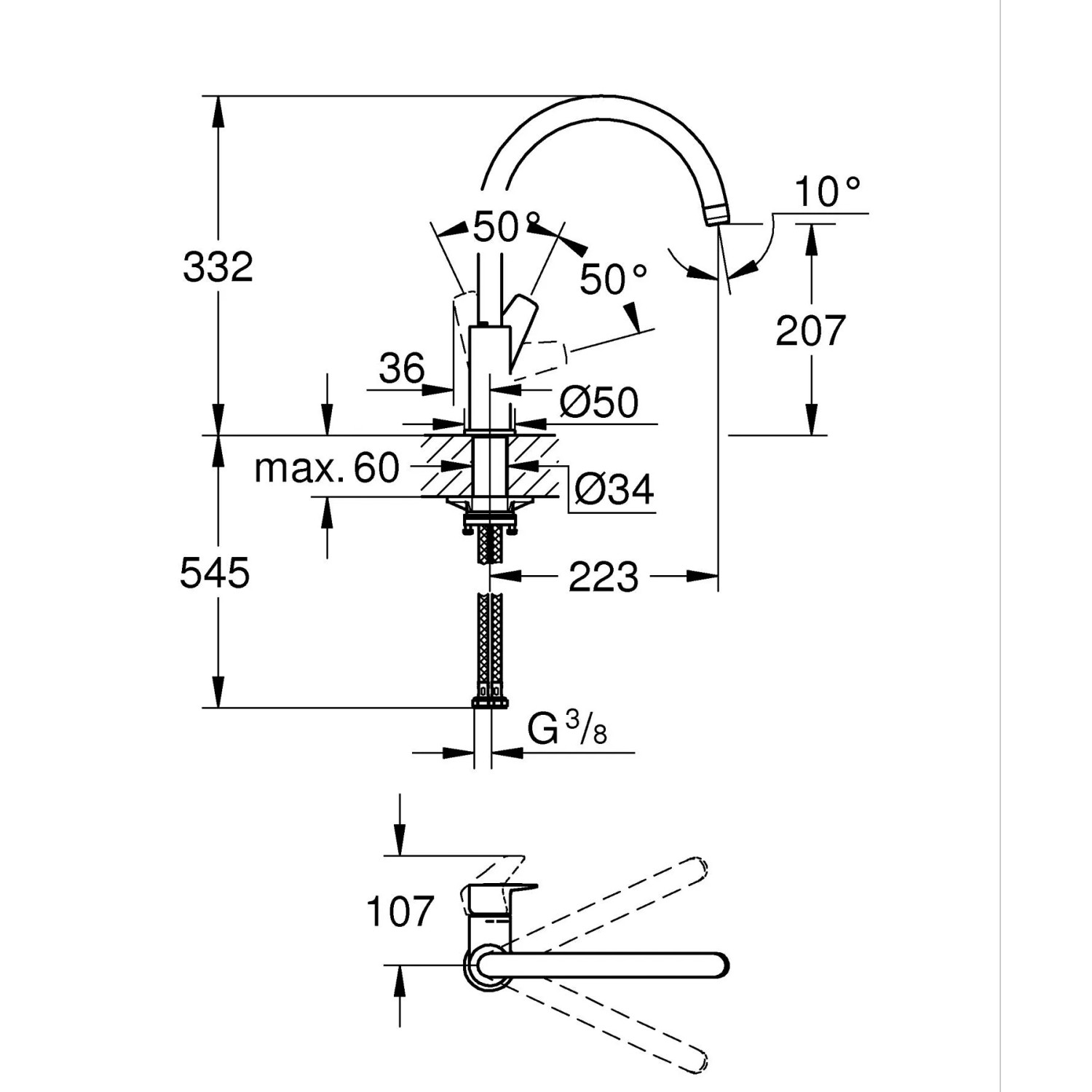 Disegno tecnico del miscelatore lavello Grohe QuickFix Start Edge con dimensioni.