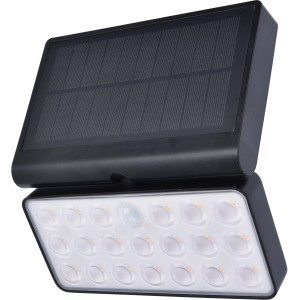 Lampada da parete solare a LED Lutec Tuda nera con sensore di movimento e pannello solare.