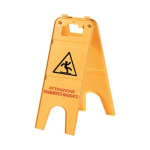 Cartello giallo "Attenzione pavimento bagnato" per casa e pulizia.