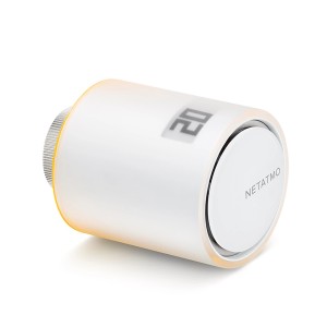Testa termostatica Netatmo per radiatori, design bianco con display digitale.