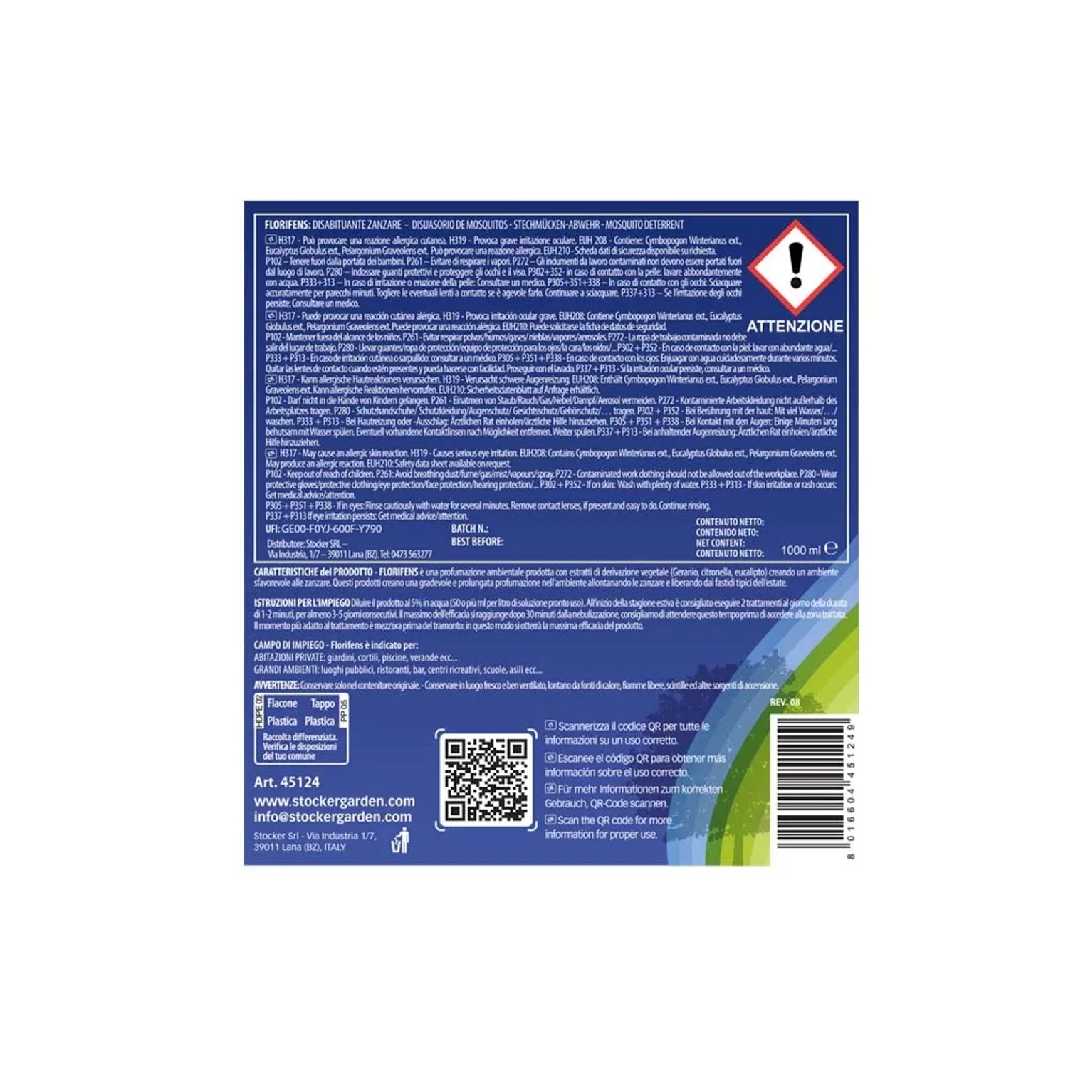 Flacone di prodotto t.b.t. Antizanzare con avvertenze e codice QR.