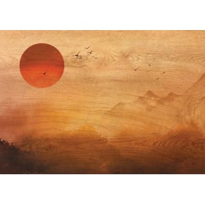 Quadri: Immagine astratta di paesaggio con sole e uccelli su texture legno.