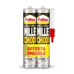 Doppia confezione di adesivo da costruzione Pattex Mille Chiodi Crystal con applicatore per interni ed esterni.