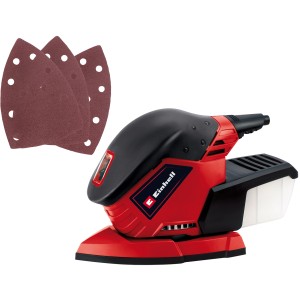 Levigatrice multifunzione Einhell TE-OS 1320 con carta vetrata e contenitore polvere.