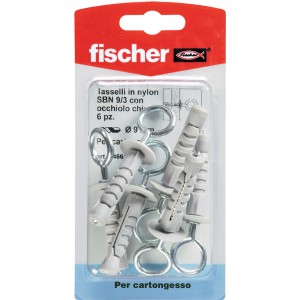 Fischer Tasselli SBN 9/3 tassello in nylon con occhiolo, 6 pezzi, per cartongesso.