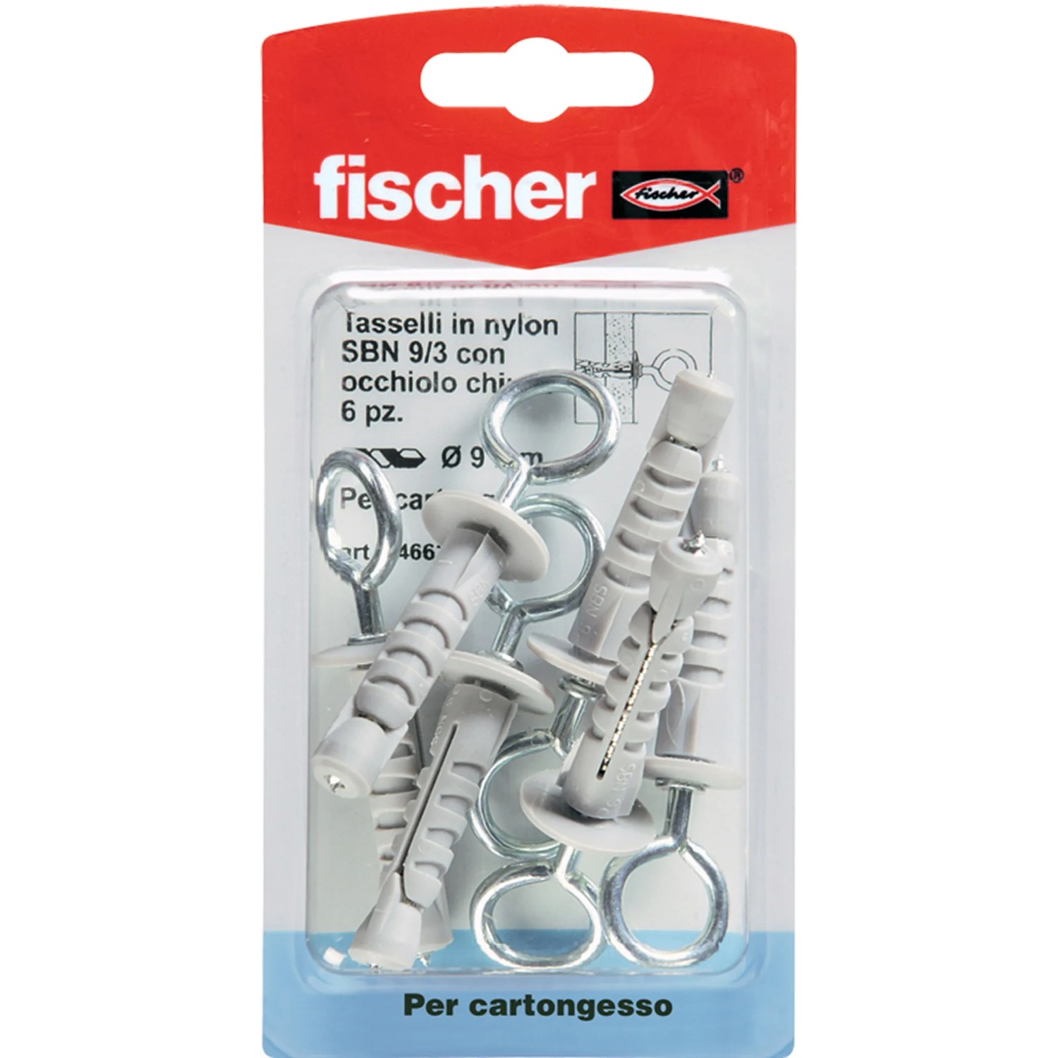 Fischer Tasselli SBN 9/3 tassello in nylon con occhiolo, 6 pezzi, per cartongesso.