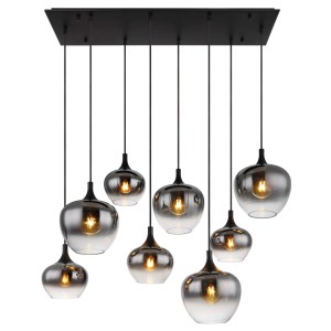 Lampada a sospensione moderna con 8 paralumi in vetro grigio fumo, ideale come lampada da tavolo da pranzo.