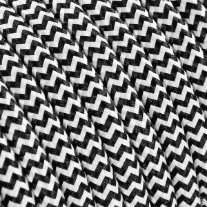 Cavo tessile, motivo a zigzag bianco e nero, per lampade e illuminazione.