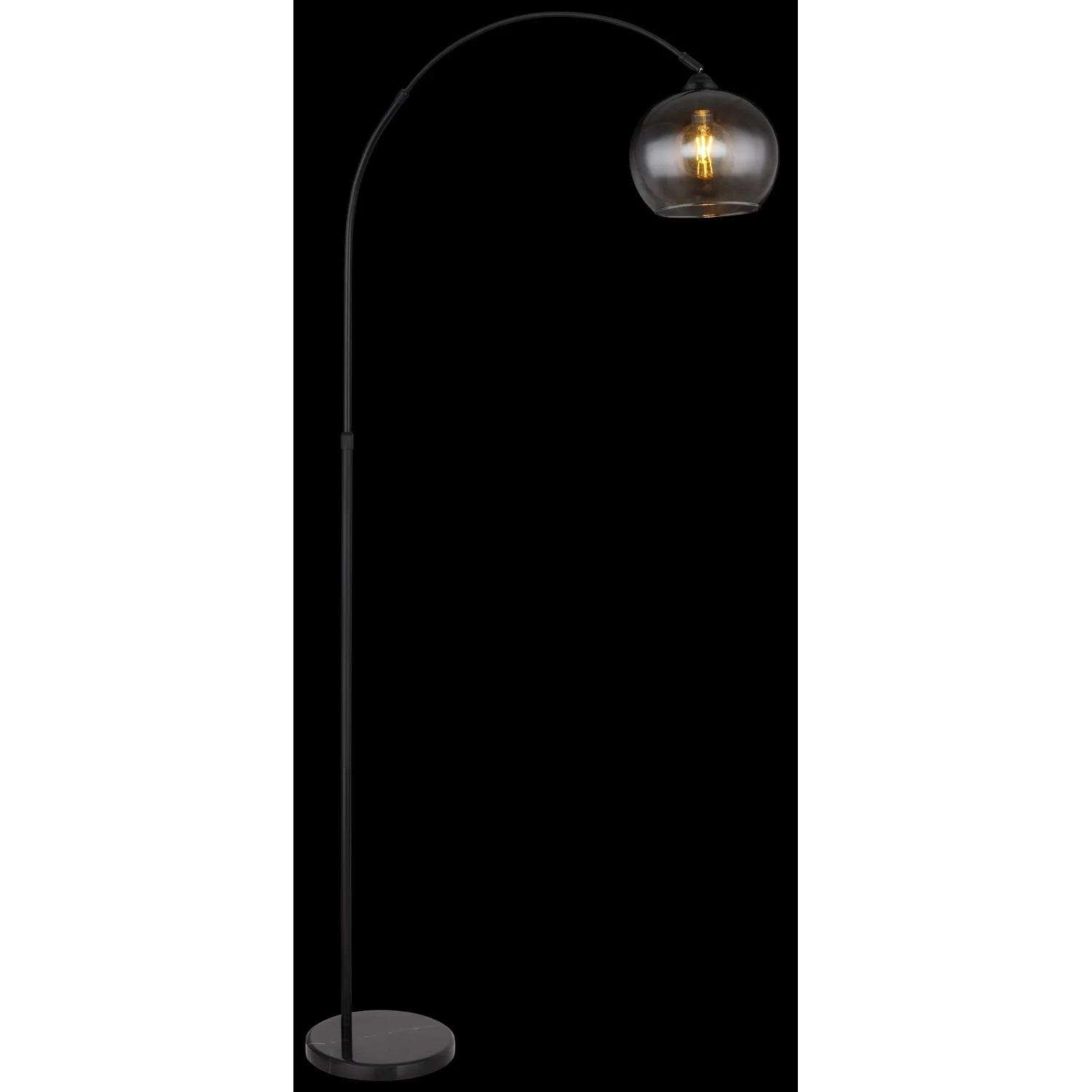 Lampada da terra nera Globo Newcastle con paralume in vetro fumé, regolabile in altezza.