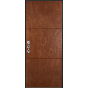 Porta blindata marrone effetto legno con ferramenta argentata.