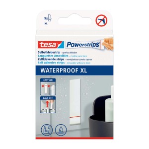 Tesa Powerstrips Waterproof XL, 9 pezzi, per rimozione senza residui, ideale per ambienti umidi.