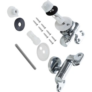 Set di fissaggio sedile WC baliv per chiusura rallentata, composto da viti, cerniere e guarnizioni.