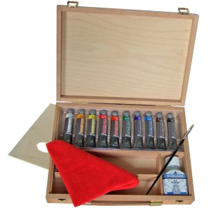 Scatola di legno aperta con colori acrilici, pennello, tavolozza e panno. Ideale per artisti.