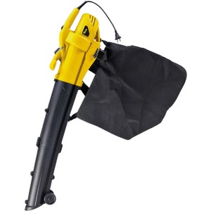 Aspirafoglie/soffiatore giallo con sacco di raccolta. Ideale per il giardinaggio.