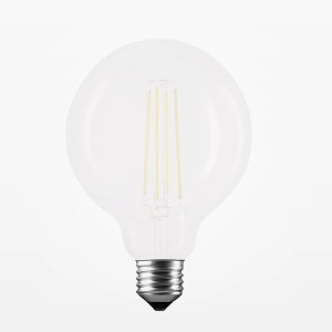 Lampadina LED E27 trasparente con design a globo. Ideale per illuminazione d'atmosfera.