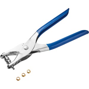 Pinza per occhielli LUX Classic 200 mm in acciaio con manici blu e tre occhielli dorati.