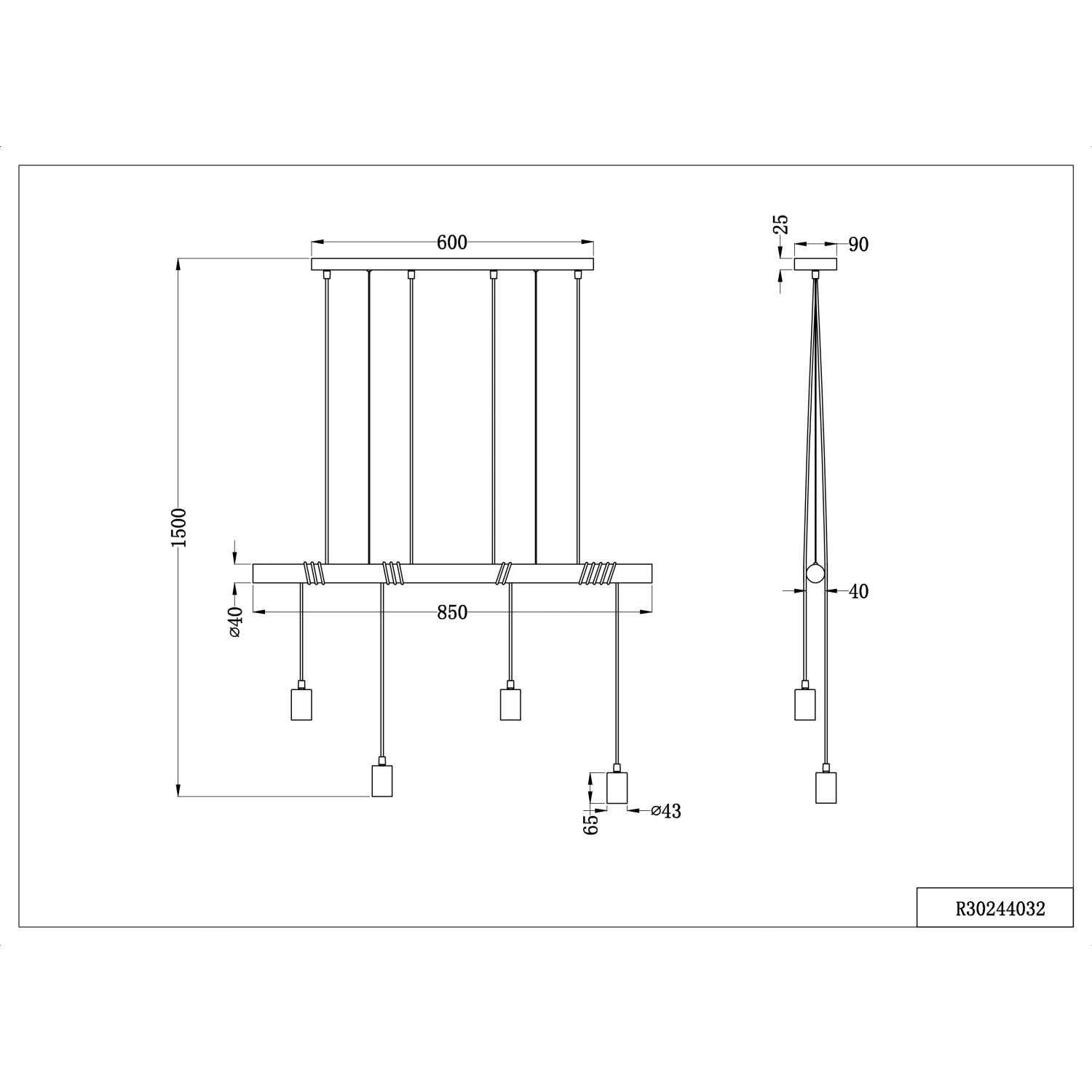 Disegno tecnico della lampada a sospensione Brody nera a 4 luci con attacco E27 e dimensioni di 150 cm.