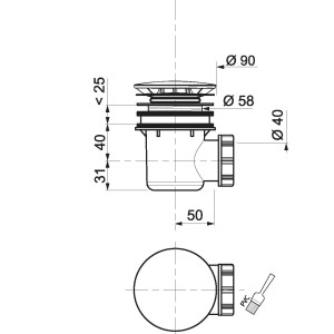 Disegno tecnico di un sifone doccia con dimensioni.