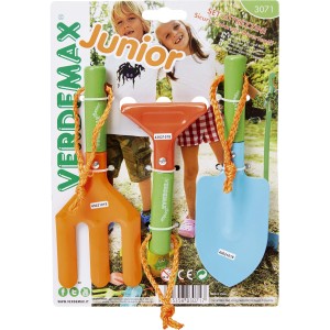 Set attrezzi da giardinaggio Verdemax Junior per bambini: pala, rastrello e zappa.