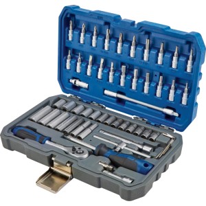 Set chiavi a bussola LUX-TOOLS 53 pz in valigetta blu-grigia aperta. Cricchetto, inserti, bussole in acciaio CrV.