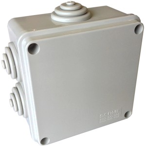 Scatola da parete t.b.t., grigia, con ingressi per cavi.