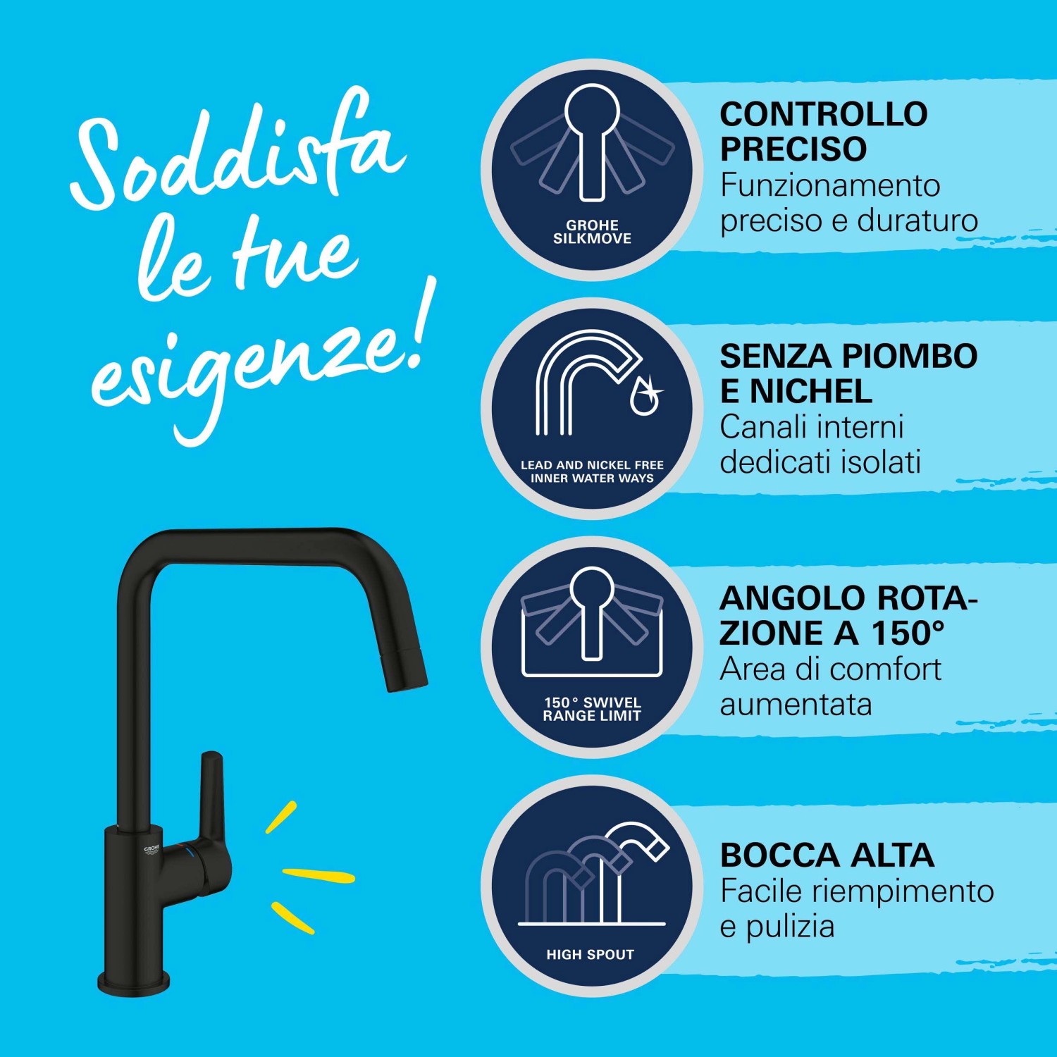 Miscelatore monocomando Grohe QuickFix Start nero con bocca alta per lavello.