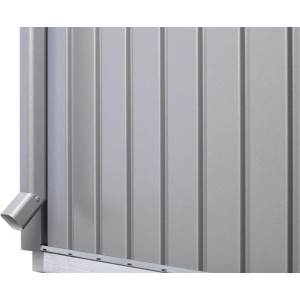 Set tubo pluviale Biohort HighLine in grigio quarzo, dettaglio sulla casetta da giardino.