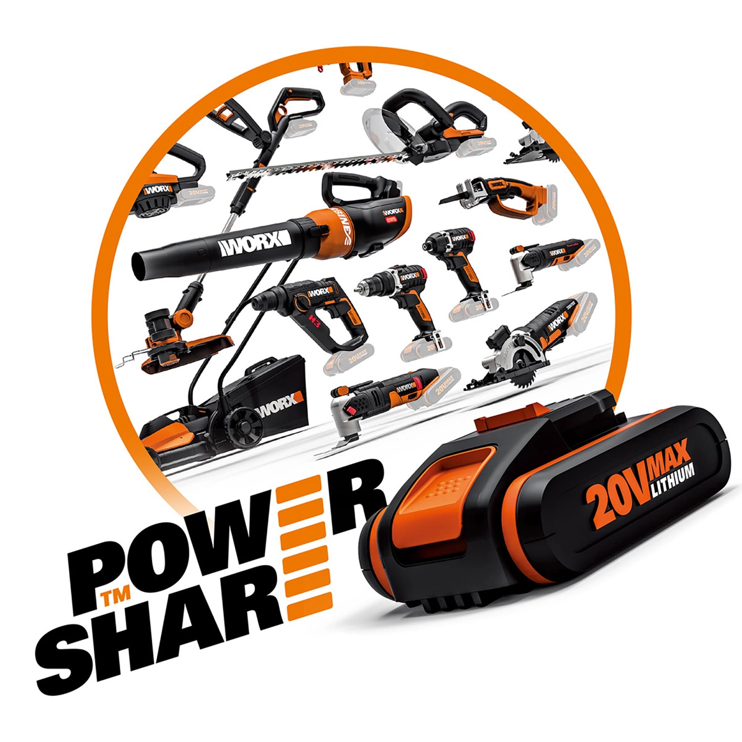 Sistema a batteria Worx Powershare con tagliasiepi a batteria e altri attrezzi da giardino.