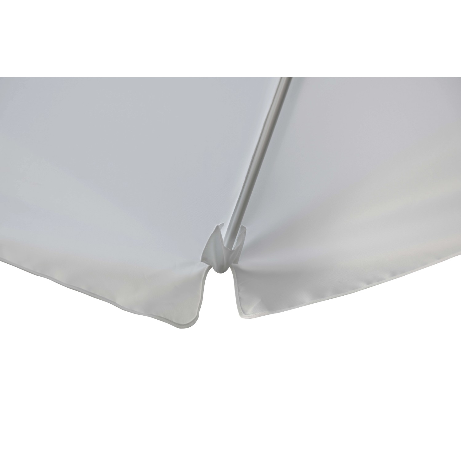 Dettaglio dell'ombrellone a braccio t.b.t. bianco, focus sull'attacco al palo.