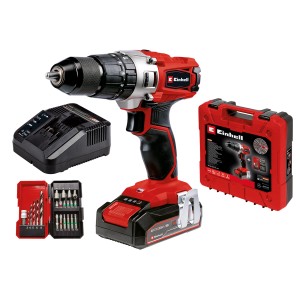 Einhell Power X-Change Trapano avvitatore a percussione TE-CD 18/2 Li-I Set con batteria, caricabatterie, set di punte e valigetta.