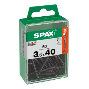 Viti SPAX nere 3,5x40 mm, 50 pezzi in contenitore di plastica verde.