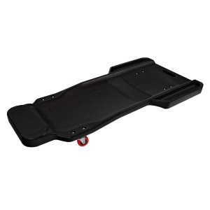 Lettino da meccanico nero t.b.t. per manutenzione auto con ruota rossa.