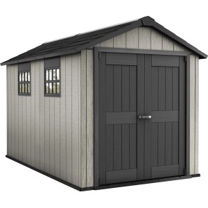 Casetta da giardino in plastica Keter, 7,18 m², grigia. Casetta con doppia porta e due finestre.