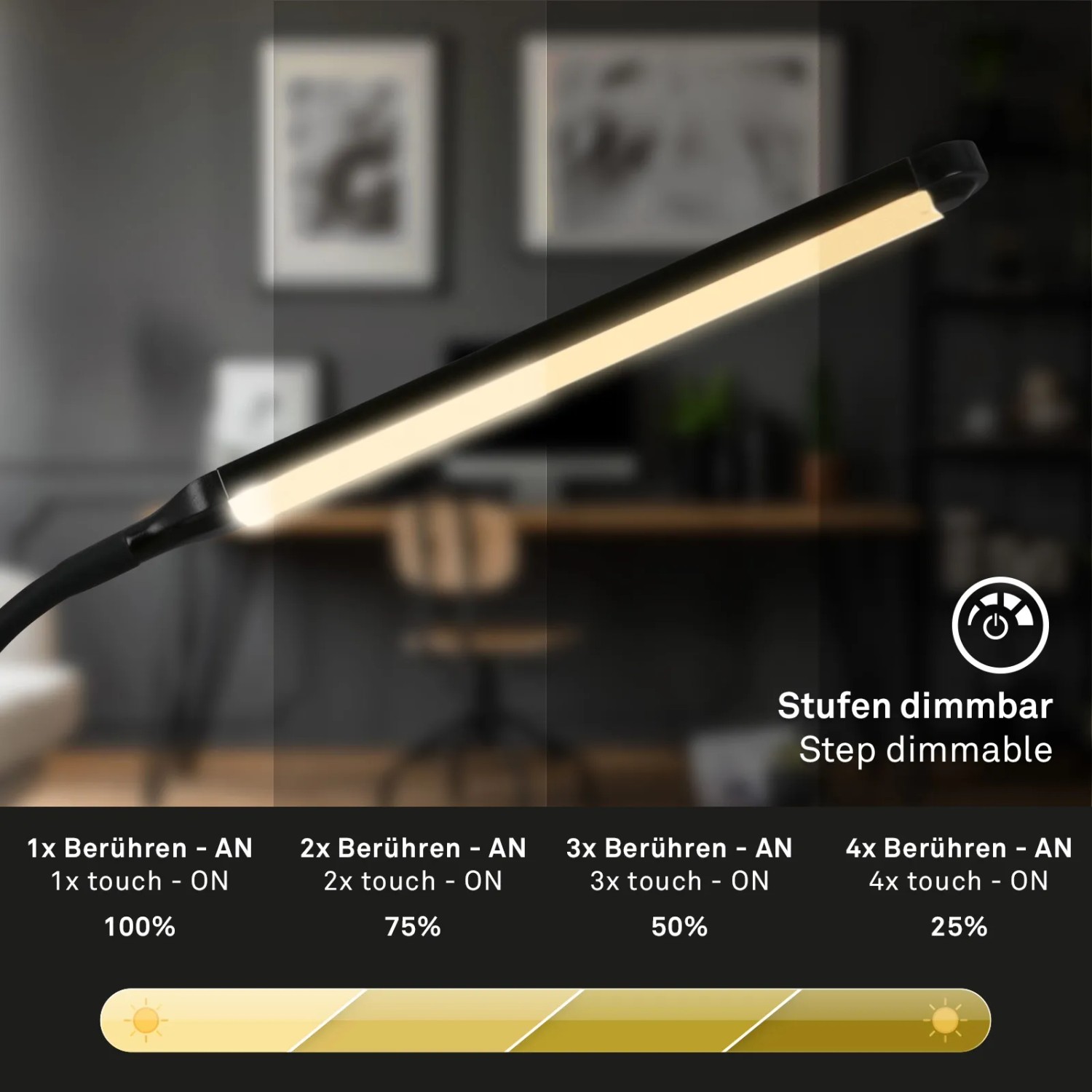 Lampada da tavolo a LED nera Brilo Pivaz con dimmer touch e luce bianca calda.