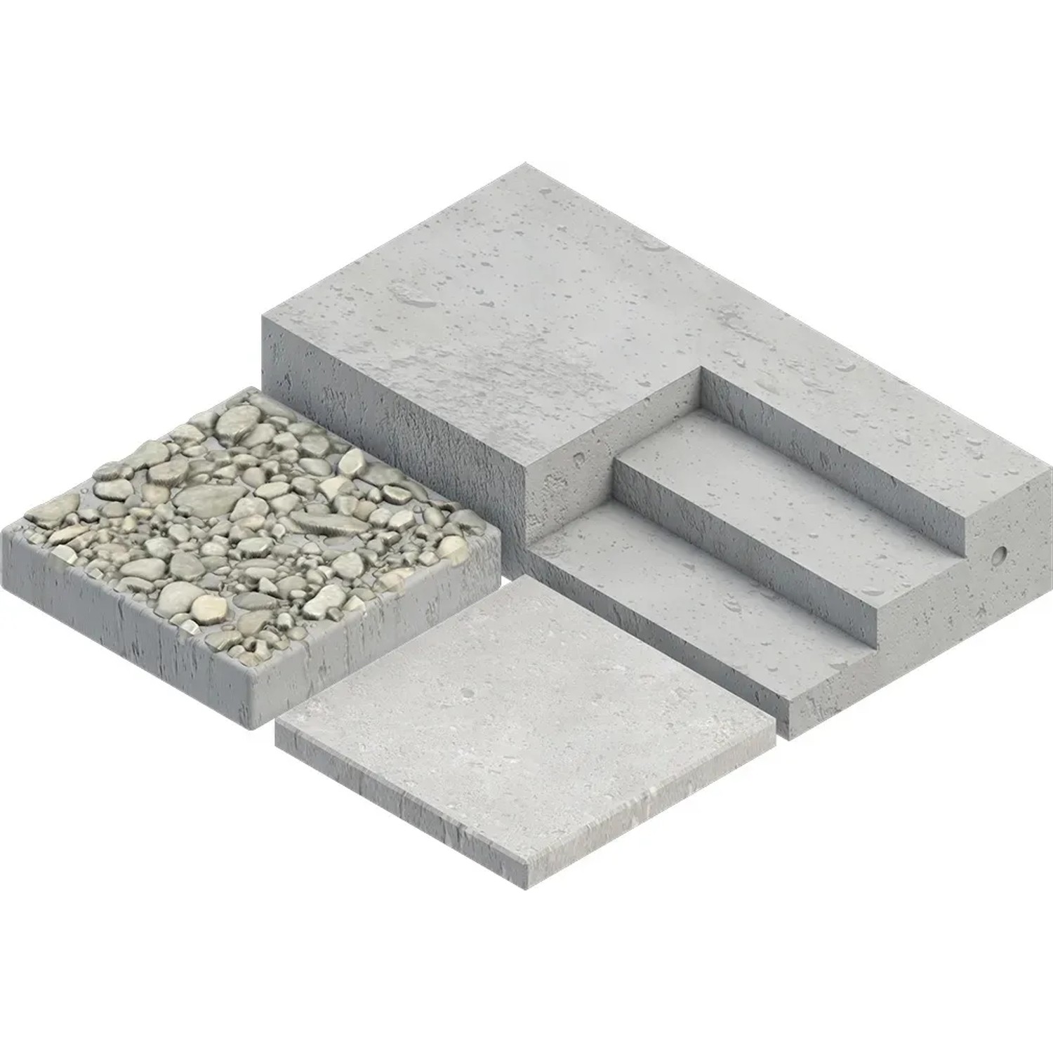 Pavimenti in cemento grigio e gradini a blocco, pavimenti con motivo a ciottoli.