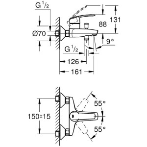 Disegno tecnico: Miscelatore per vasca da bagno Grohe Start cromato con dimensioni.