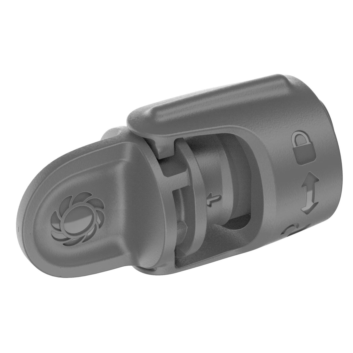 Componente grigio per microirrigazione con simboli di blocco e freccia.