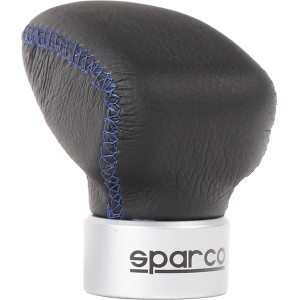 Pomello del cambio nero Sparco con cuciture blu per interni auto.