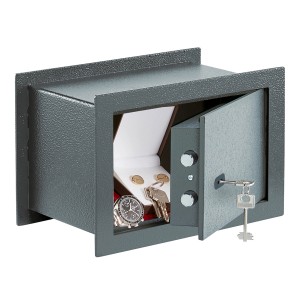 Cassaforte a muro Burg Wächter Pure Safe PSW 120 K antracite con porta aperta e contenuto.